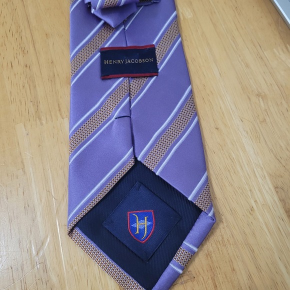 Henry Jacobson Handmade Silk Blend Tie Purple Tan Striped Mens Necktie - Picture 8 of 8